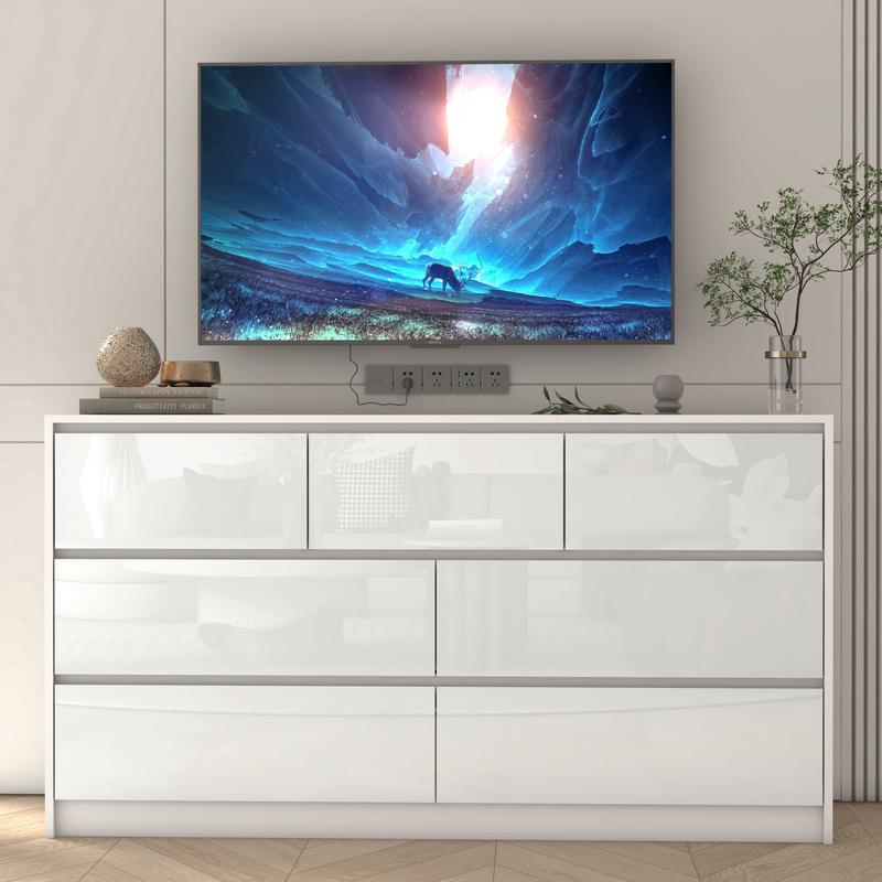 Dresser for Bedroom, Modern Dresser with Drawers, Large Wood Chest of Drawer Handle Free, Long Dresser for Bedroom, Living Room, Entryway, Hallway, White/Black