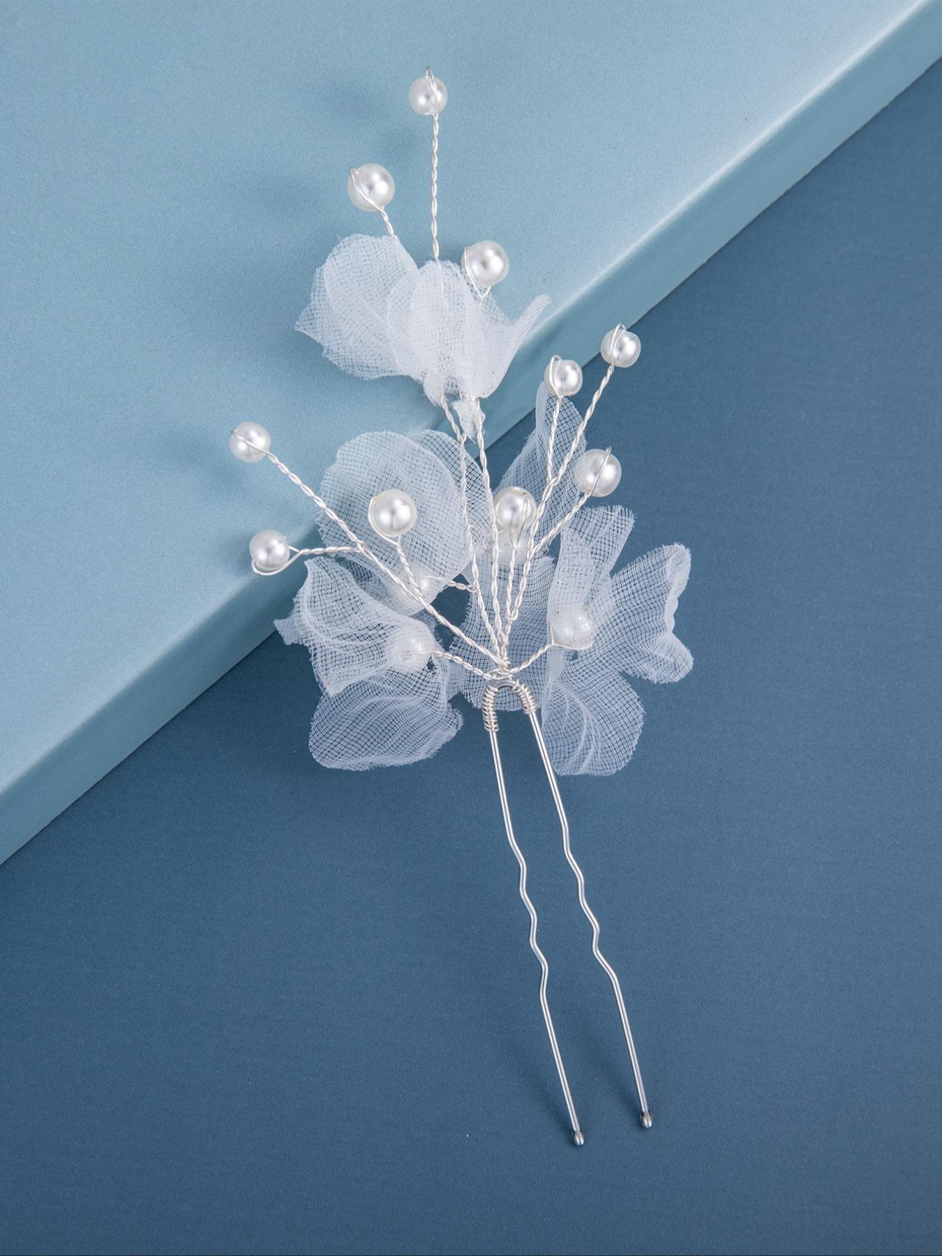 Elegant Net Flower Pearl Bridal Hair Pin Set, Boho Wedding Accessories, U-Shaped Hair Clip for Prom Evening Party Maid of Honor Look