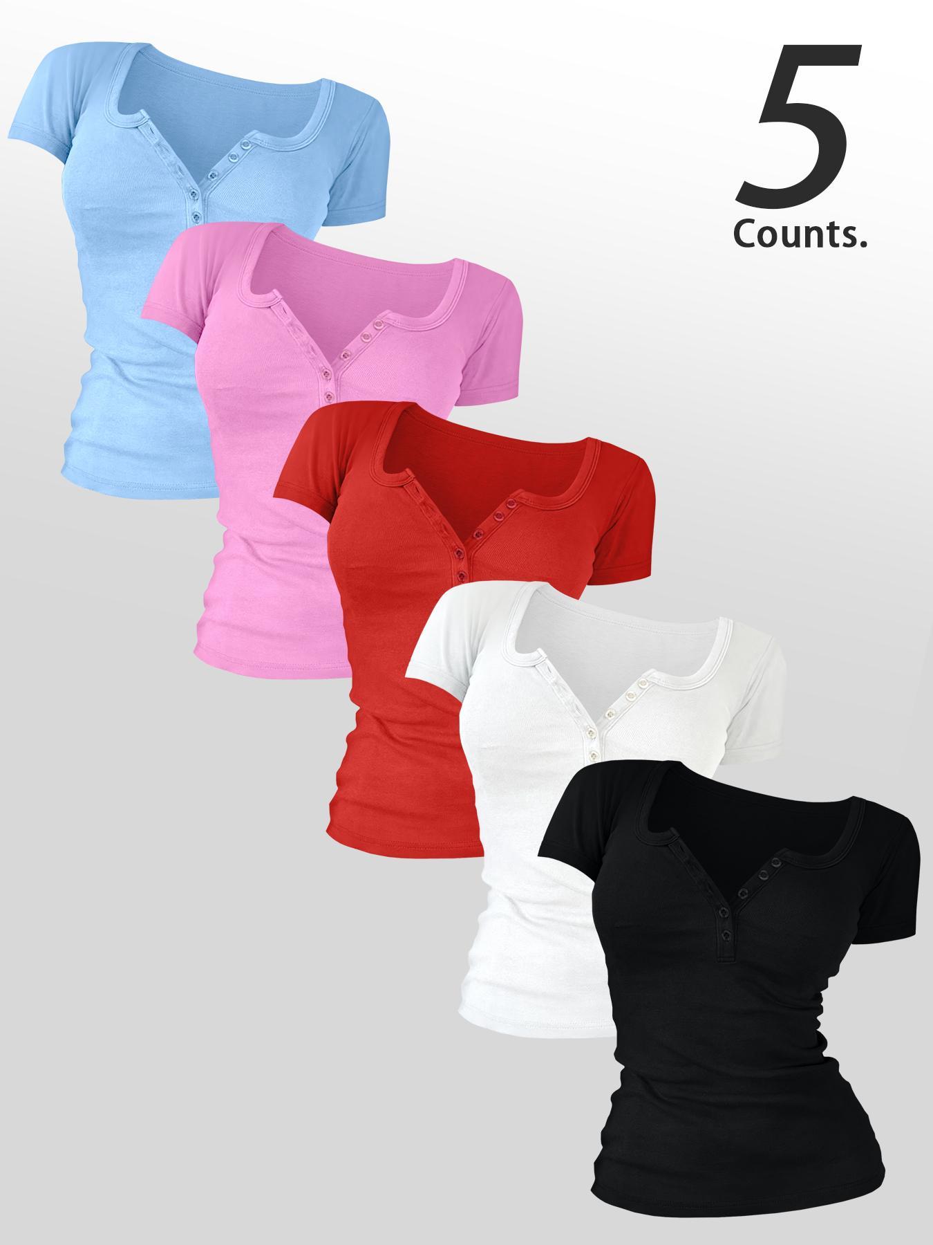 Women's Solid Color Button Decor Tee, Casual Short Sleeve Round Neck Basic T-shirt for Summer, Ladies Clothes for Daily Wear, Top