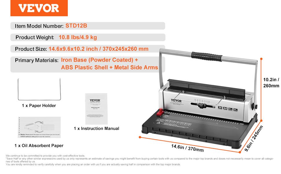 VEVOR Coil Spiral Binding Machine, Manual Book Maker 34-Holes Binding 120 Sheets, Punch Binder with Adjustable 3/16 - 9/16 Coil Binding Spines and Side Margin, for Letter Size, A4, A5