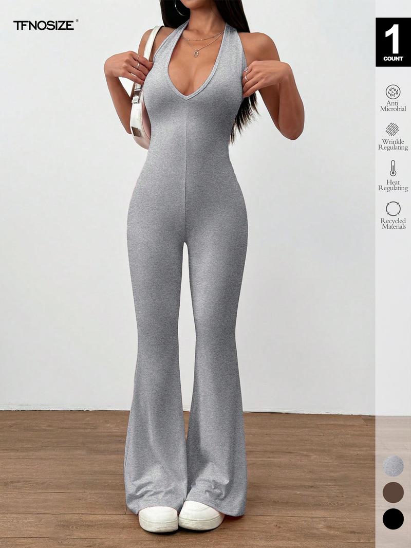 2026 Women's Bodycon Halter Jumpsuit Plunging V Neck Backless Flared Leg Pants Romper for Club Party Sleeveless Casual Jumpsuit