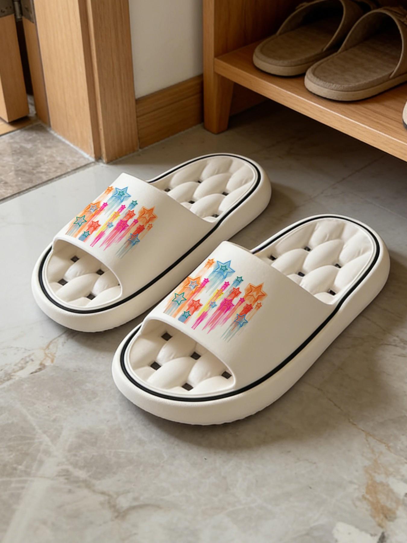 1 Pair Rainbow Shooting Star Themed Printed Hollow Massage Thick Sole Slippers, Sweet Cool Girl Style, Non-slip Soft Sole, Quick-dry for Bathroom, Indoor & Outdoor Dual-use, Open Toe Slides, Bathroom Casual Slippers