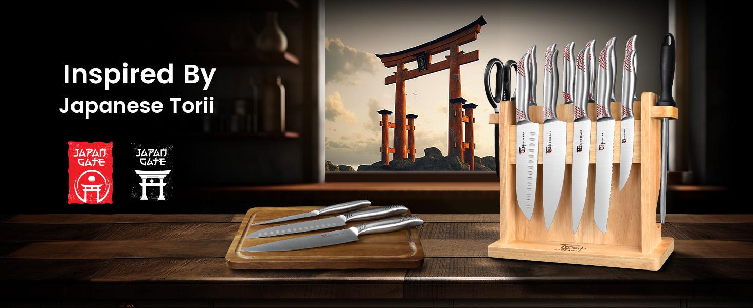 【TikTokShopSpringGlowUp】 SYOKAMI Kitchen Knife Set, 14 Pieces Japanese Style Knife Block Set with Magnetic Holder, High Carbon Stainless Steel Ultra Sharp Knives for kitchen with Ergonomic Handle and Sharpener, Black Dot, Mother's Day Gift