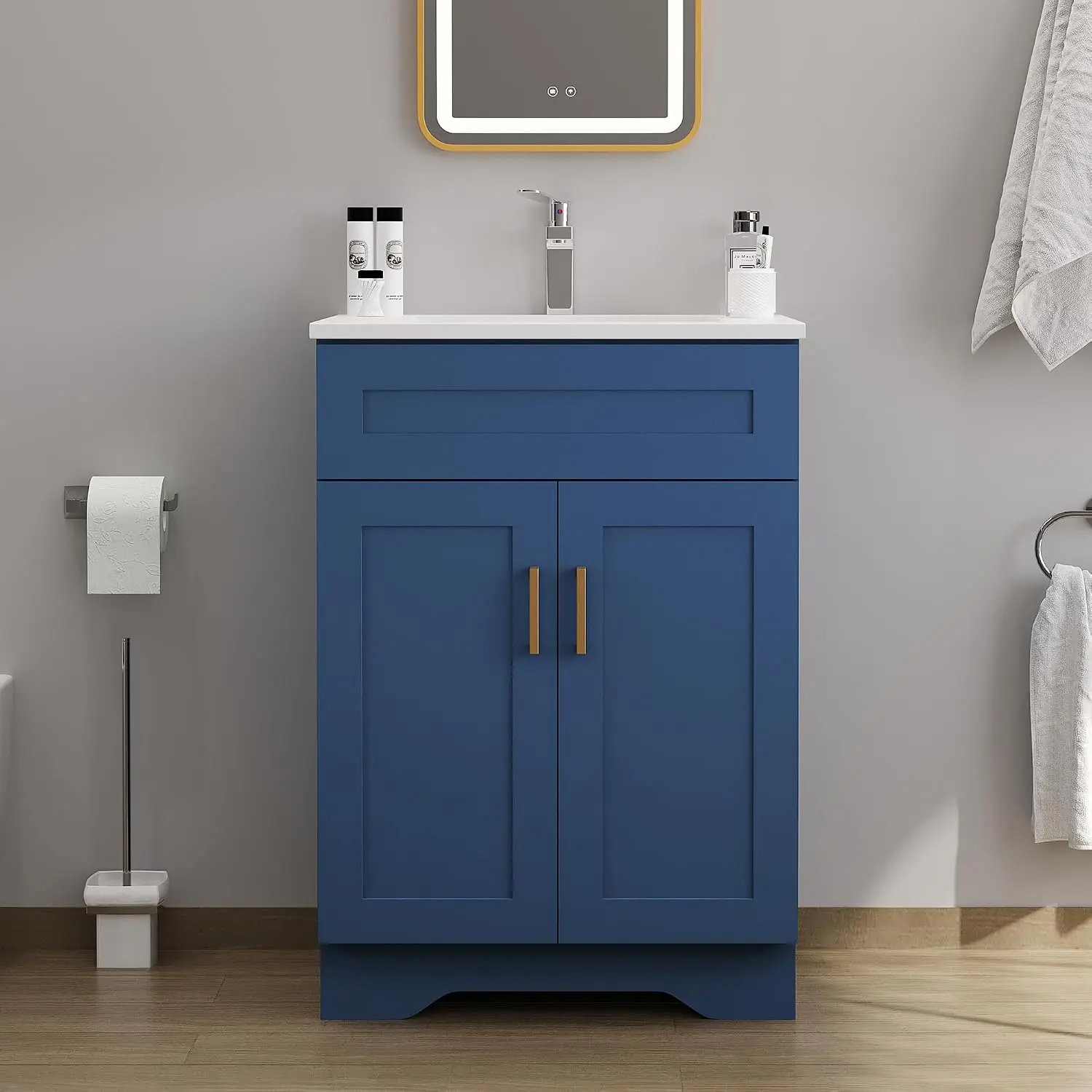 Bathroom 24" Vanity with Ceramic Sink, Wooden Double Door Bathroom Storage Cabinet, Freestanding Cabinet Vanity with Sink (Paint, Blue,24")