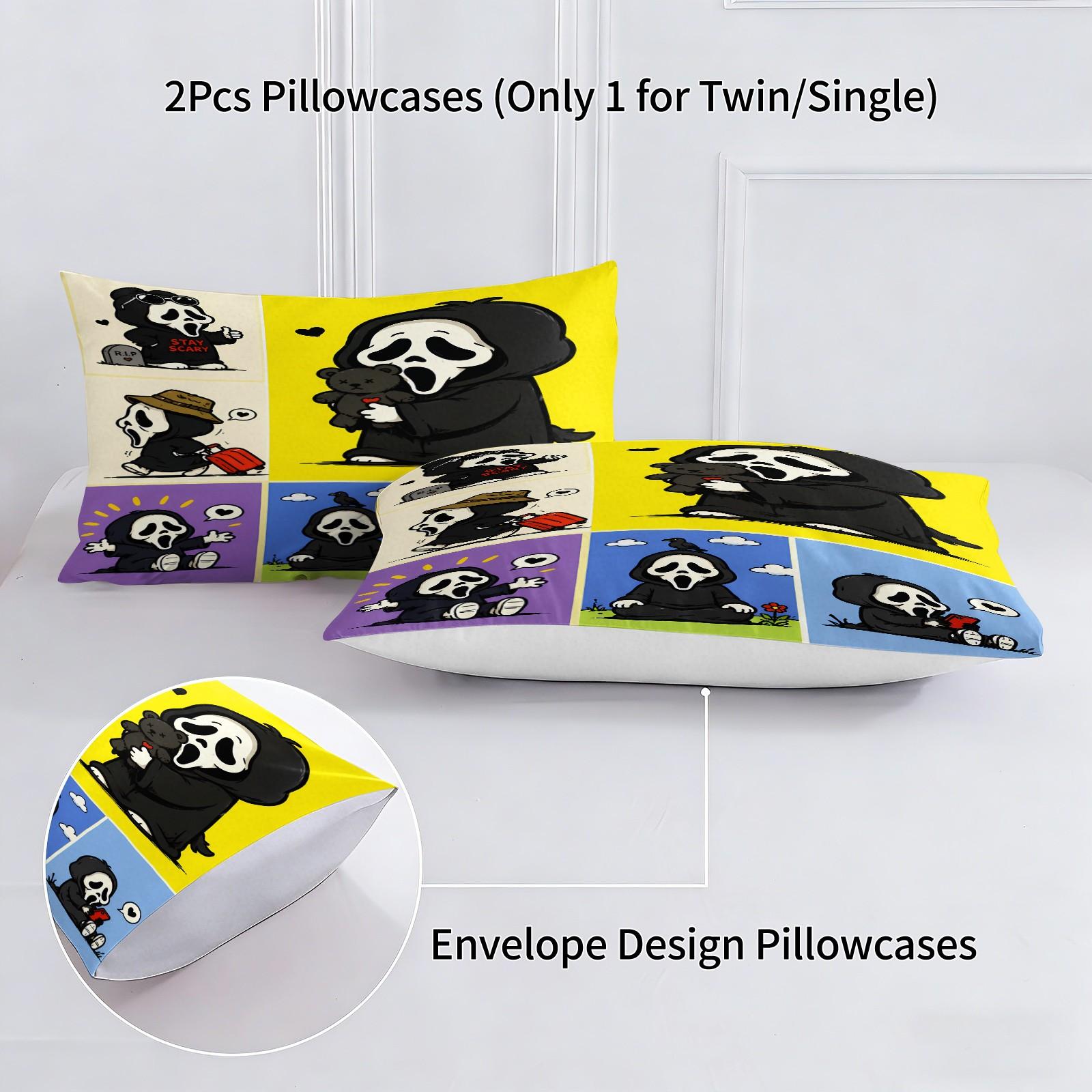 Color-Block Plaid Chibi Hugging a Teddy Bear, Pulling a Suitcase and Playing Phone Ghostface Print Comforter Set & 1-2 Pillowcases, Comfortable Easy Care Bedding, Halloween or Movie Fans Bedroom Dorm Decor