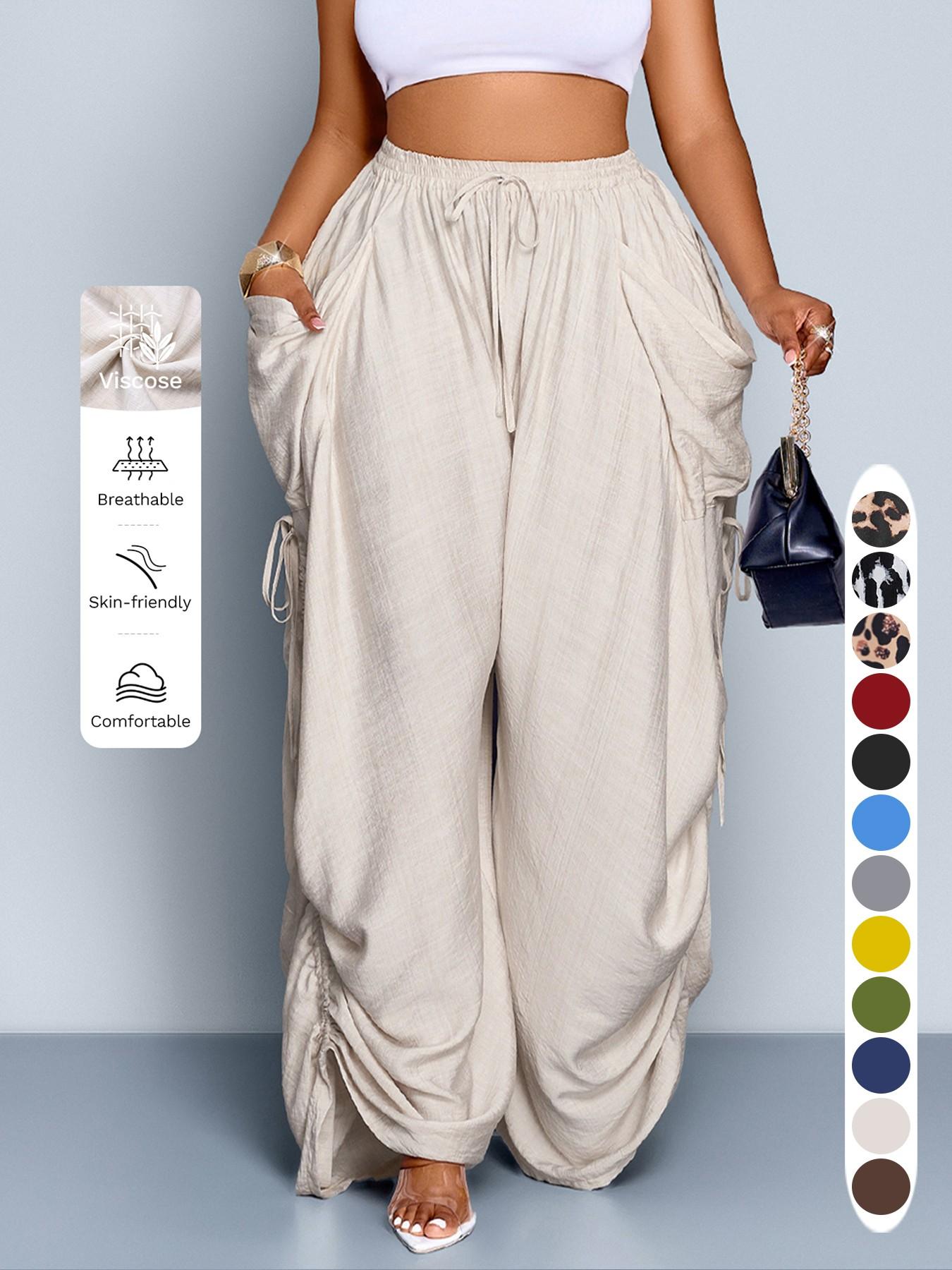 Women's Casual Loose-Fit Wide Leg Pants, All-Season Woven Fabric, Long Plain Design, Daily Commute & Vacation Wear, Womenswear
