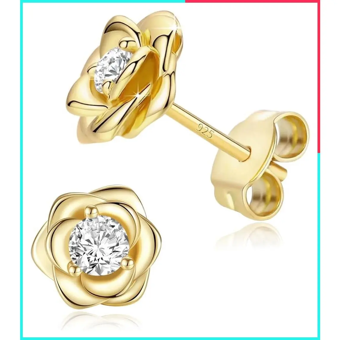 Rose Flower Gold Plated Stud Earrings for Women - 925 Sterling Silver Post, Cubic Zirconia, Hypoallergenic & Nickel Free Jewelry