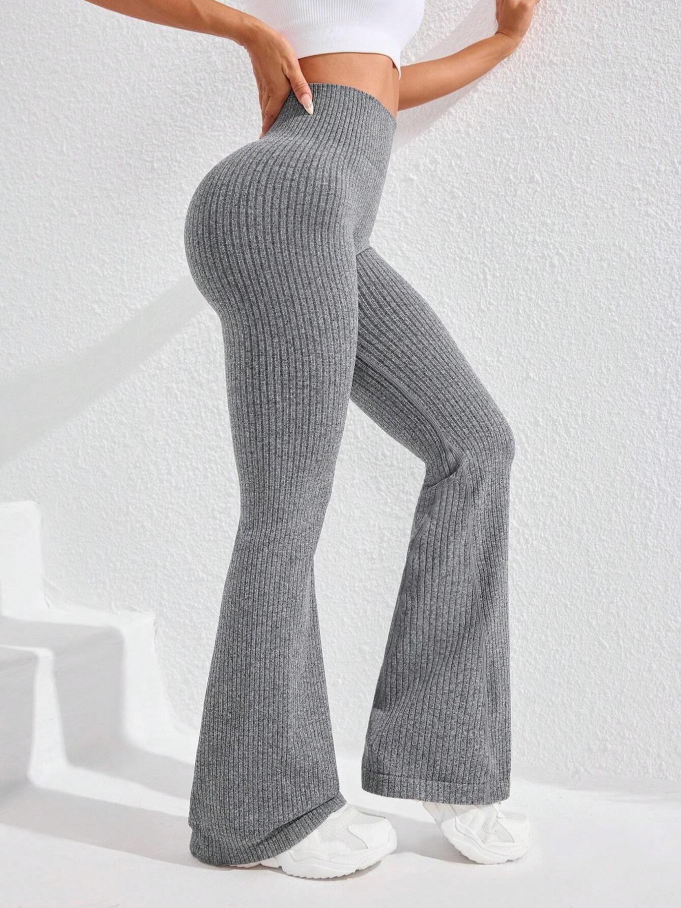 Women's High Waisted Tummy Control Flare Pants, Seamless Knit Butt Lifting Slim Fit Casual Leggings, Sporty Style for Gym Yoga Home Wear, Athletic Leggings, Solid Flare Leggings