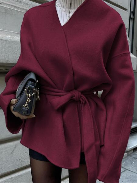 Women's Casual Fashion Long Sleeve Lace-Up Jacket, Plain Woven Fabric, Fitted Design, Fall & Winter Daily Wear Outerwear Coat, Womenswear