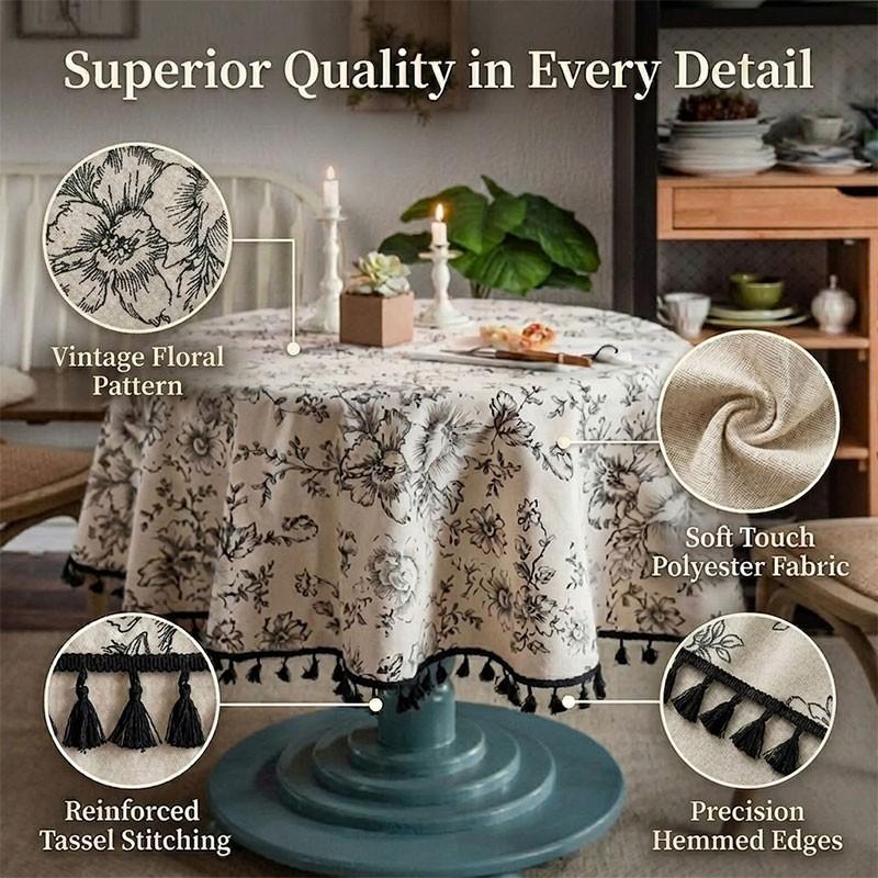 Round Printed Fringe Polyester Tablecloth, Vintage Floral Tassel Edge, Wrinkle & Stain Resistant, Easy Clean, Fast Dry, Home Restaurant Cafe