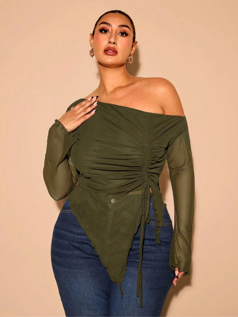 Plus Size Women's Mesh Top, Asymmetrical Shoulder Drawstring Long Sleeve Shirt, Semi-Transparent Slim Fit, Casual & Formal Wear