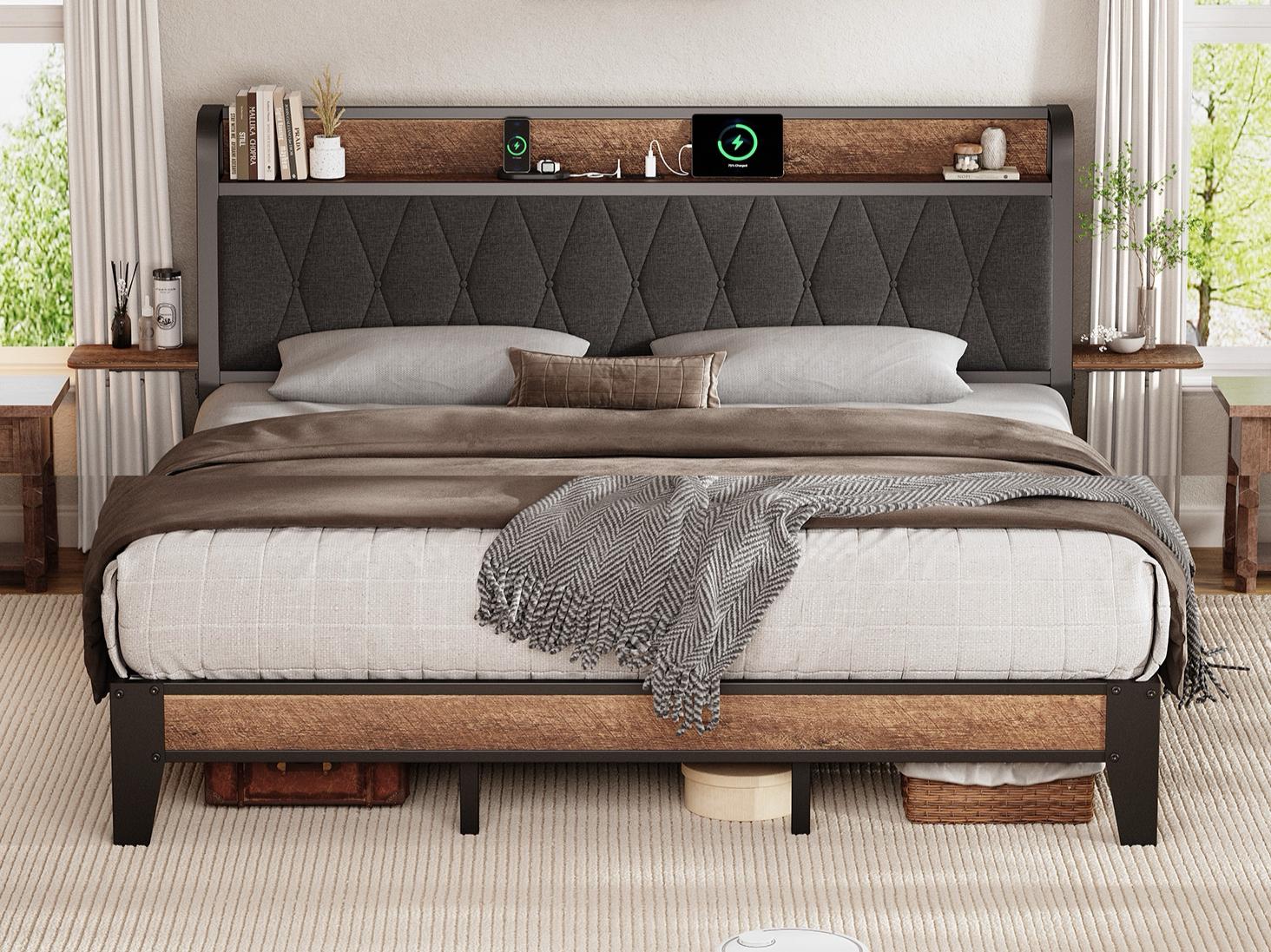 【SPOTLIGHT DAY】ONBRILL Queen Bed Frame with Side Storage Shelves, Comfy Storage Headboard with Charging Station, Platform Bed Frame, Metal Heavy Duty, No Box Spring Needed, Easy Assembly, Bedroom Furniture