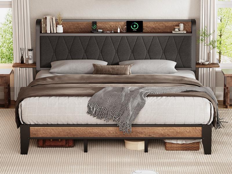 【Valentine's Day gift】ONBRILL Queen Bed Frame with Side Storage Shelves, Comfy Storage Headboard with Charging Station, Platform Bed Frame, Metal Heavy Duty, No Box Spring Needed, Easy Assembly, Bedroom Furniture