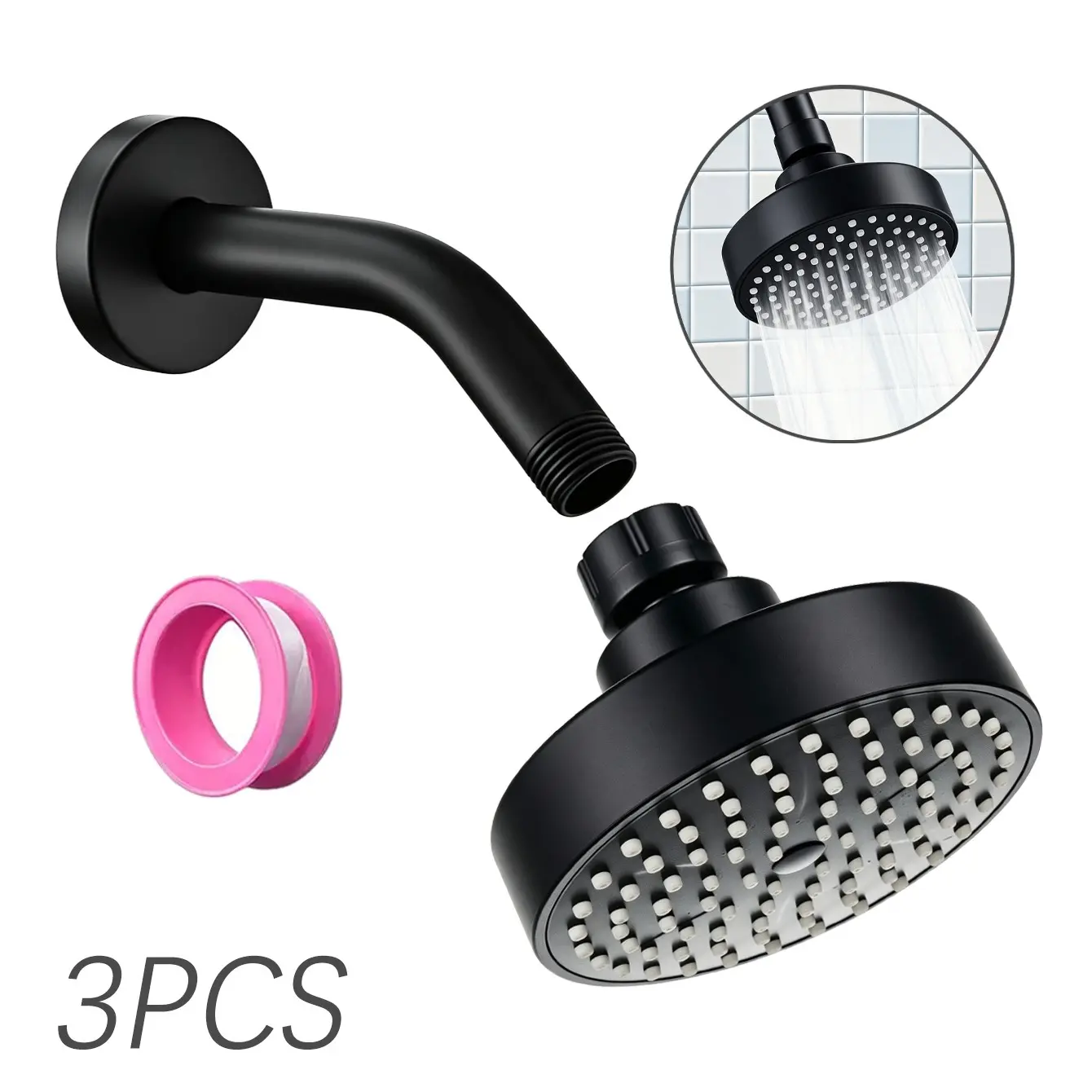3-Piece Shower Set, Rainfall Fixed Shower Head with 4-Inch Wall Mount Arm, Teflon Seal Tape, Matte Bathroom Faucet Kit, G1/2 Thread