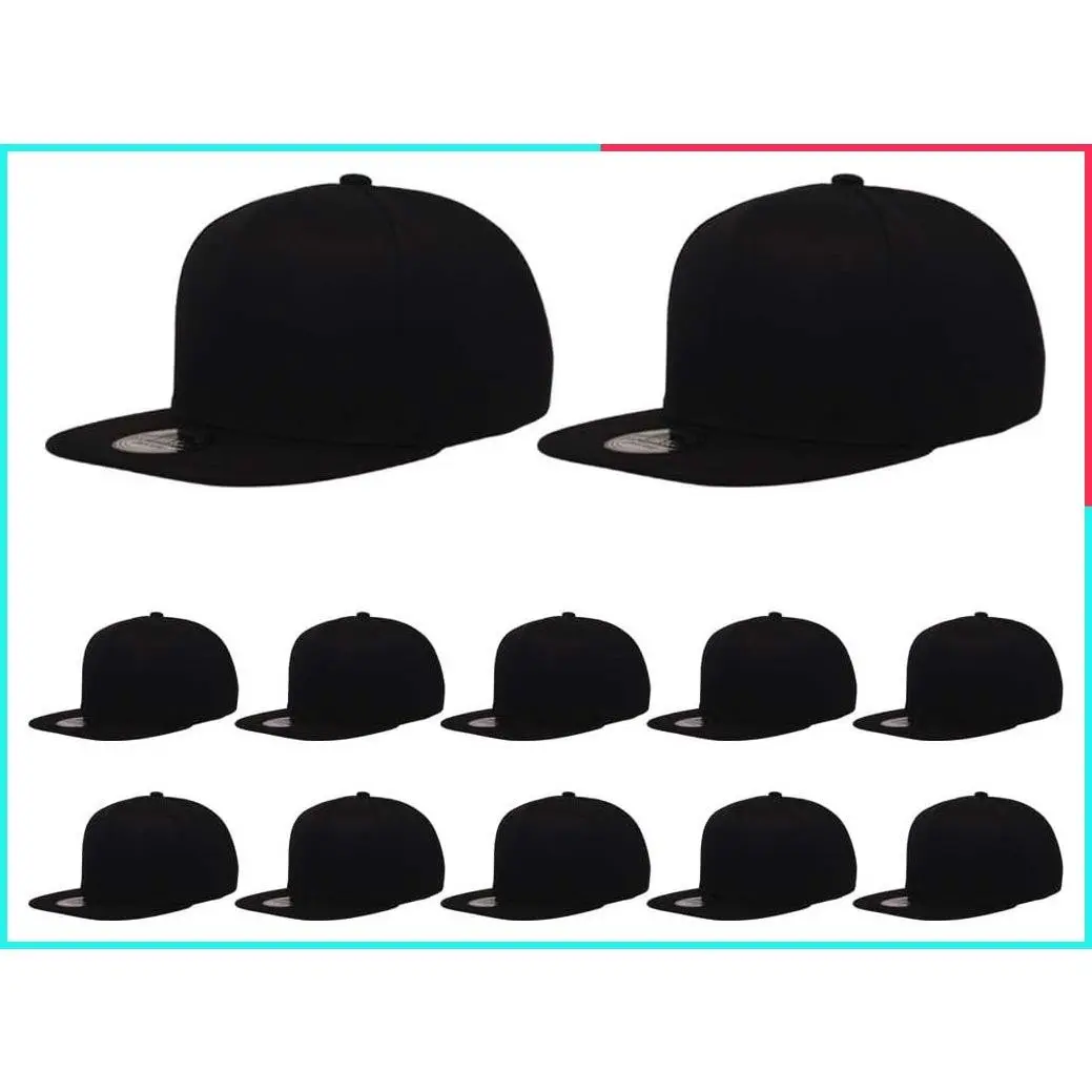 Flat Brim Snapback Baseball Caps - Adjustable Blank Hats, 12 Pack Wholesale Bulk
