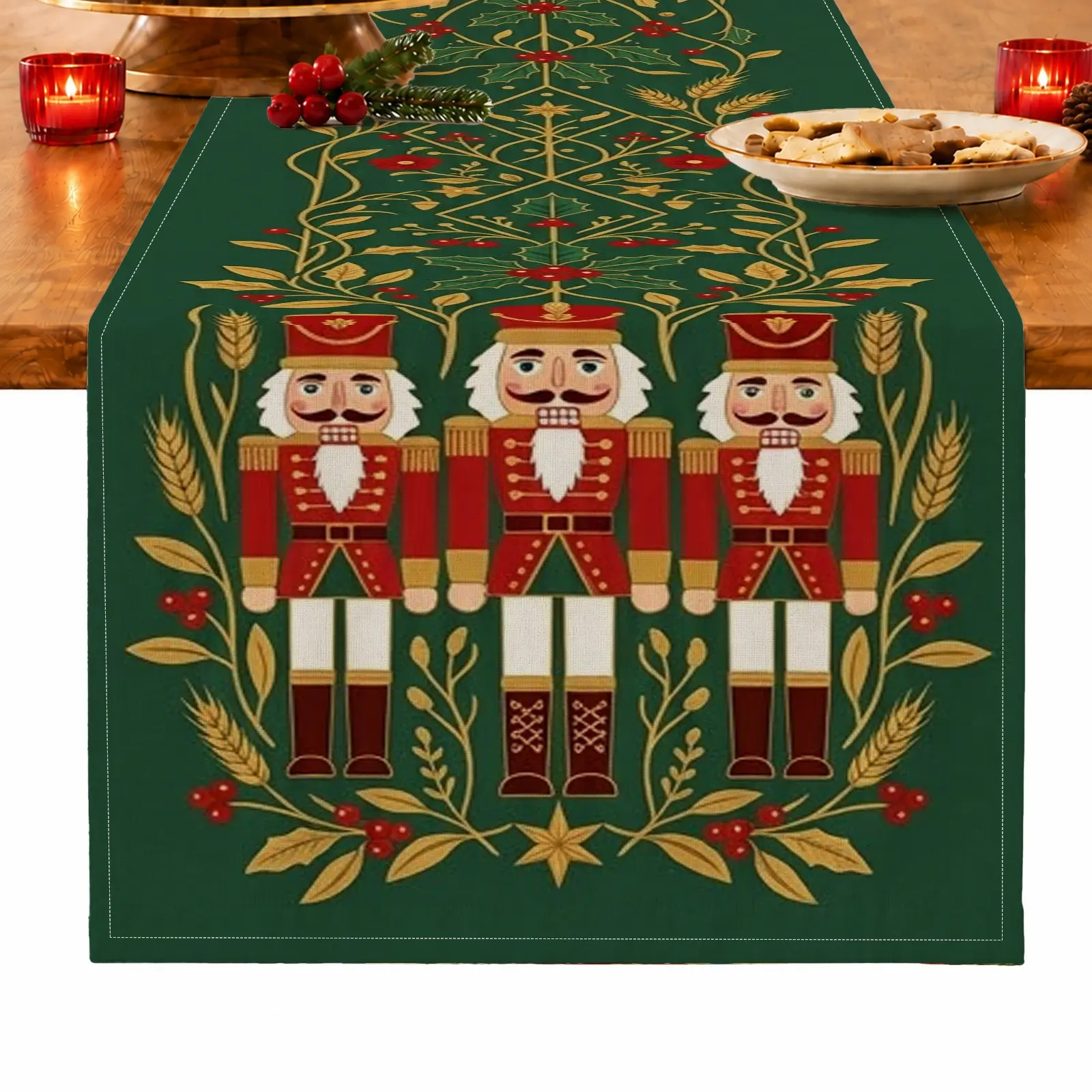 1pc Nutcracker Holly & Wheat Table Runner, Vintage Christmas Style, for Dining Table, Kitchen, Dining Room & Home Decor, Christmas Table Decoration and Festive Home Decor