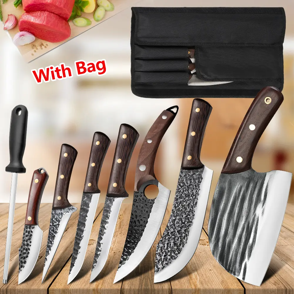 8Pcs Knife Set, Professional Chef Knife Set, High Carbon Steel with Roll Bag, Butcher Knife Set for Meat Cutting, Handmade HAND FORGED CHEF KNIFE Set ,for Kitchen or Restaurant, Christmas gift