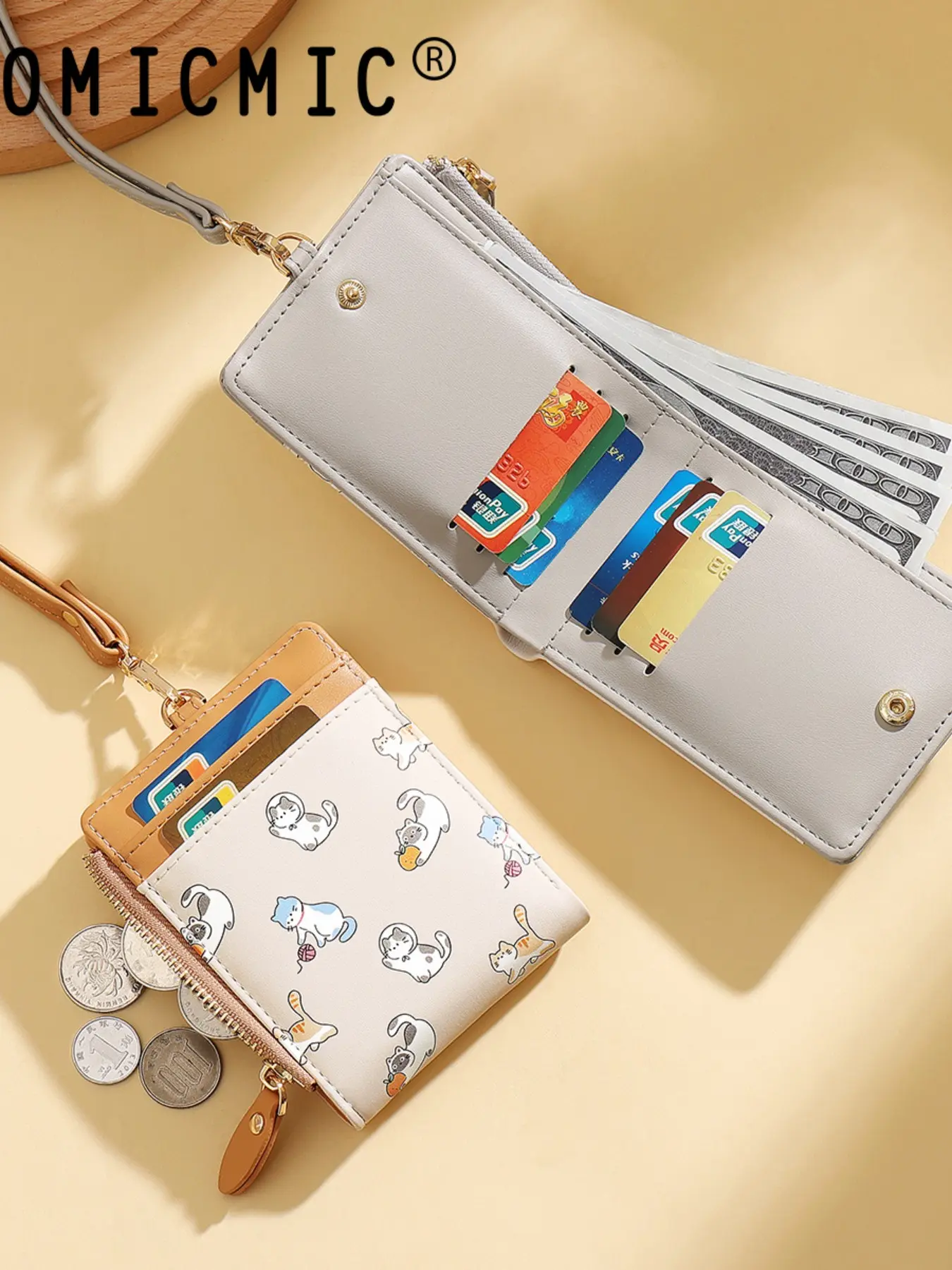 New Cute Cat Print PU Leather Short Wallet, Mini Zipper Coin Purse, Multi-Card Holder, Large Capacity, Perfect Gift for All Seasons