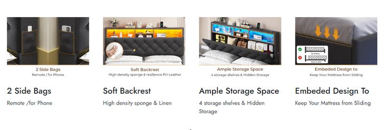 Sikaic Upholstered Platform Bed Frame with LED Lights & Charging Station Hidden Storage Headboard and 4 Drawers Linen Dark Grey