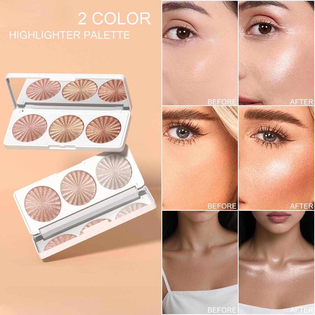 3-color highlighter palette, waterproof long-wearing multi-functional makeup palette. Available in 3 shades ranging from light pink to shimmering gold, it can be used as blush, contour, eyeshadow and facial brightener. This portable facial makeup product