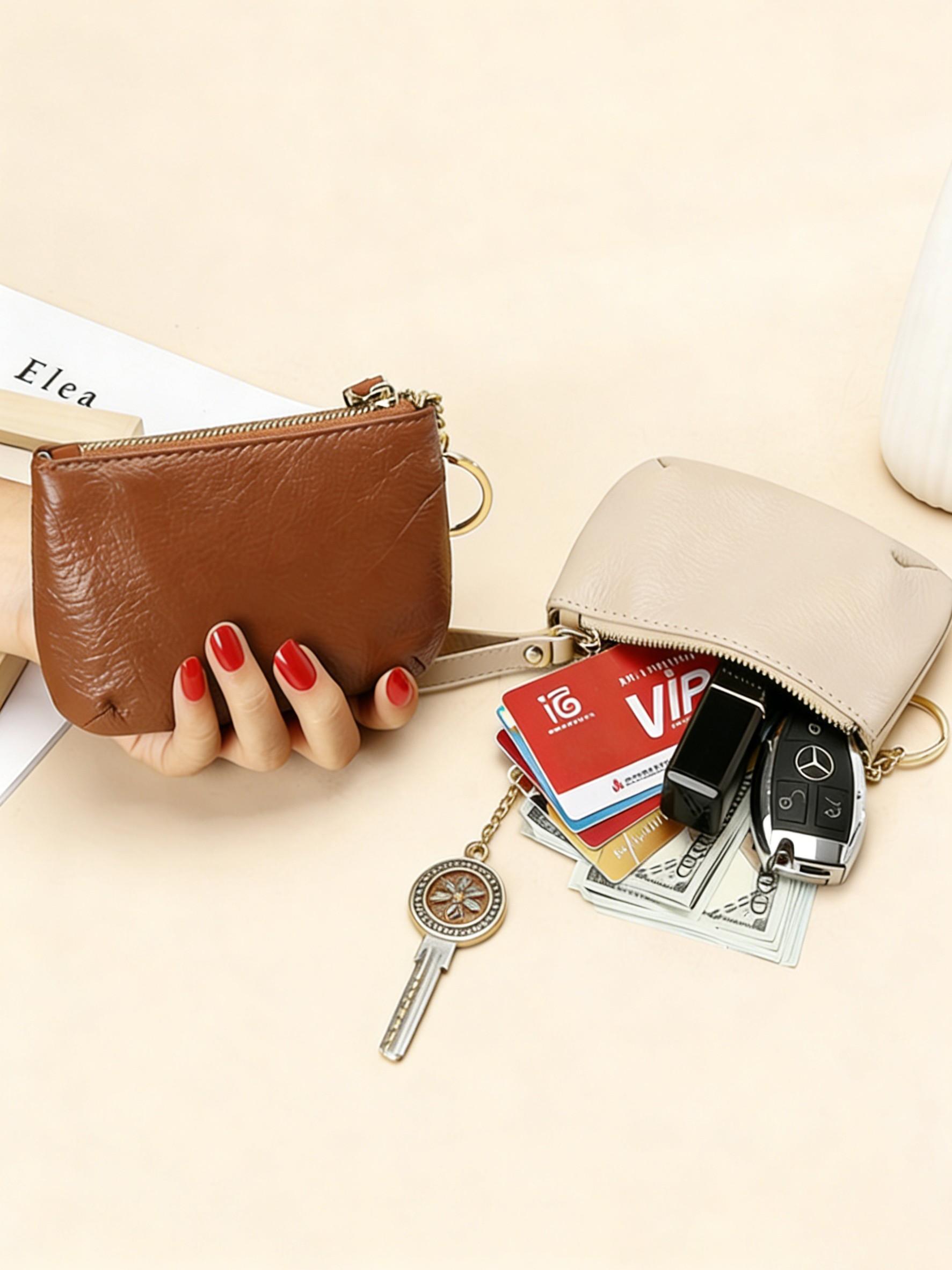 Women's Leather Coin Purse Keychain Wristlet Wallet, Zipper Closure Design, Multiple Colors Available, Keychain Included, Ideal Gift for Women
