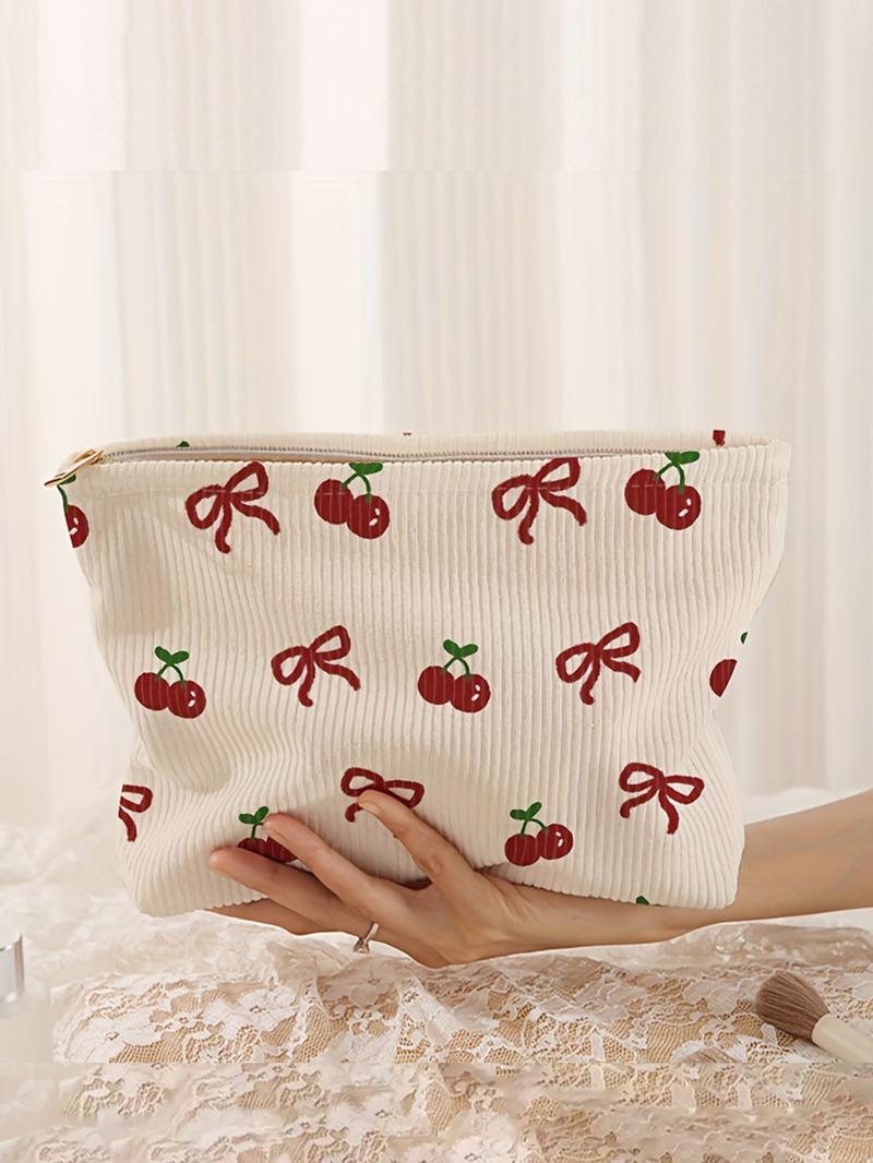 Cherry & Bow Pattern Makeup Bag, Lightweight Multi-functional Fashion Makeup Bag, Casual Travel Makeup Bag, Cute Clutch, Suitable for Leisure Travel and Various Occasions