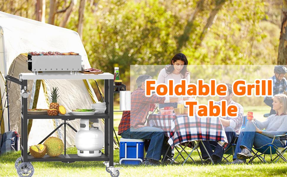 YACONA Stainless Steel Folding Grill Table, 3-Tier Outdoor BBQ Cart with Storage Rack, Portable Outdoor Kitchen Island Pizza Oven Table for Blackstone Griddle