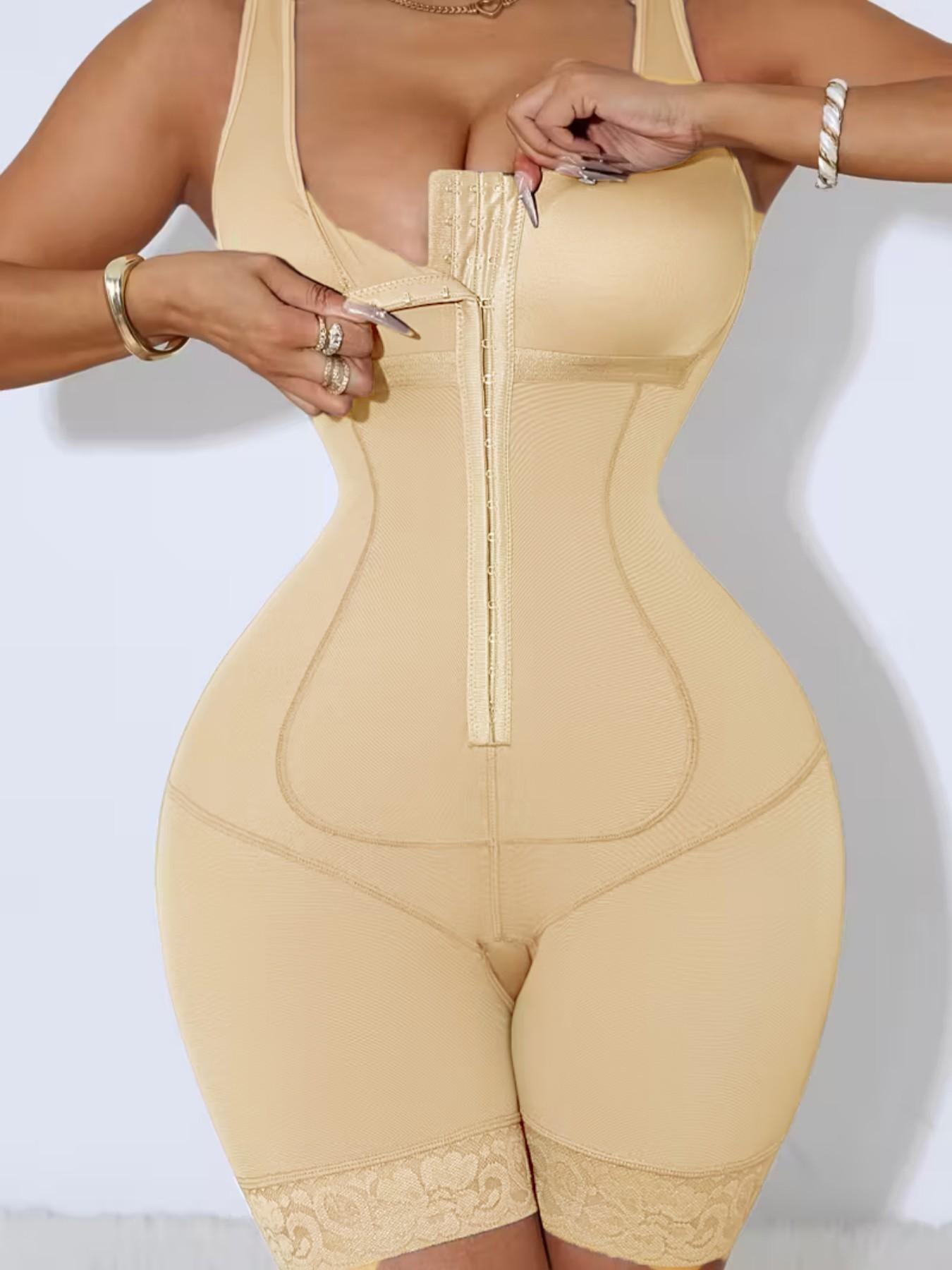 1 Count Women's Sleeveless Front Hook Eye Closure Full Body Shapewear, Fajas, Tummy Control Butt Lifting Compression Bodysuit, Lace Trim Hem Jumpsuit, Colombian Hourglass Shaper, Suitable For Sports, Yoga, Travel Vacation