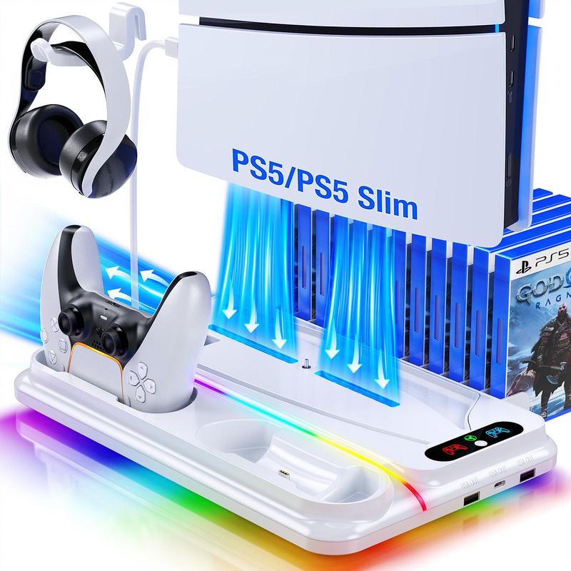 Ponkor PS5 Cooling and Charging Dock, Compatible with PlayStation 5 Standard, Slim and Pro Consoles (Disc & Digital), Featuring Dual PS5 Controller Charger, Adjustable 3-Speed Cooling Fan, 8 Modes Dynamic RGB Lighting, Headset Hook & 3 USB Hubs