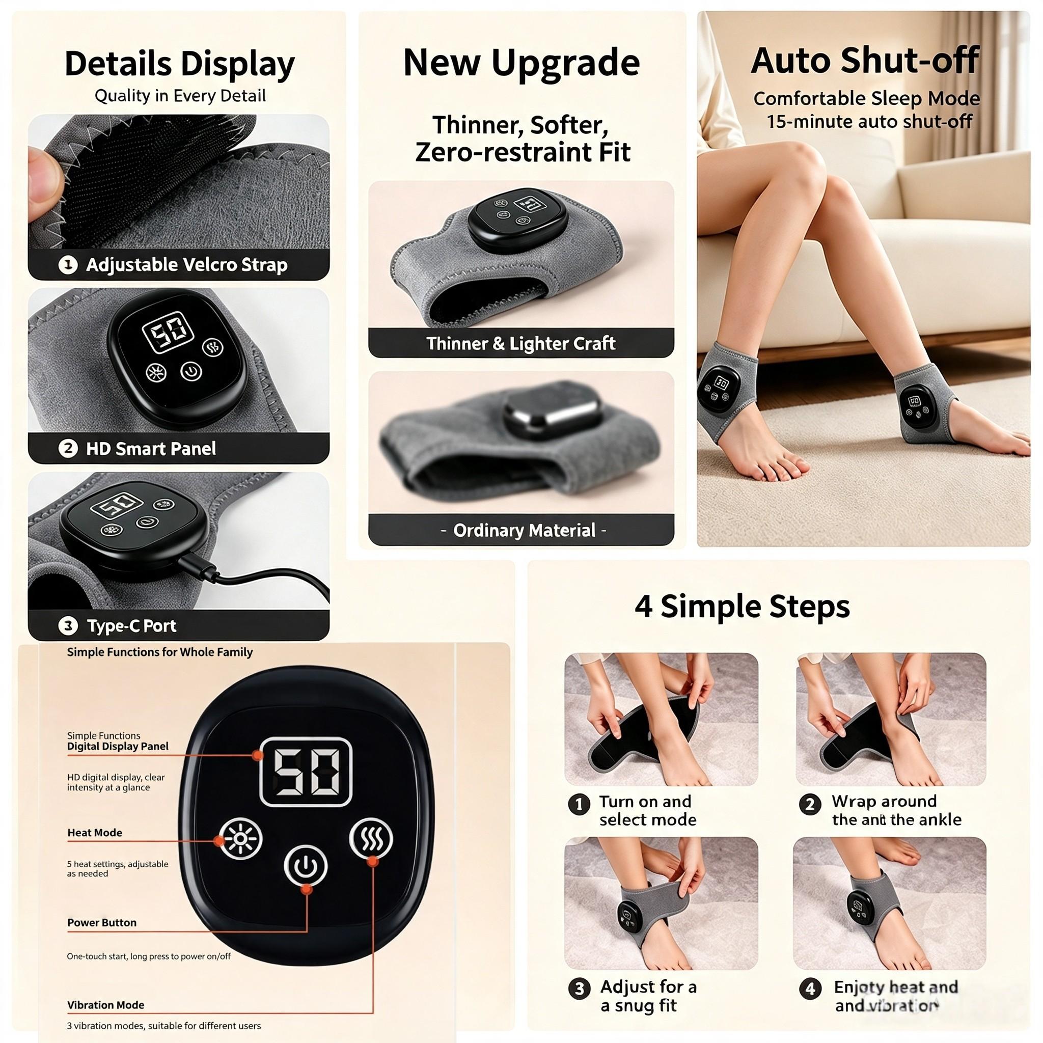 Wireless Heated Ankle Massager, Rechargeable Foot Heating Pad for Pain Relief, Portable Foot Massage for Neuropathy Plantar Fasciitis, 5 Heat Levels, 3 Vibration Modes, Auto Shut off