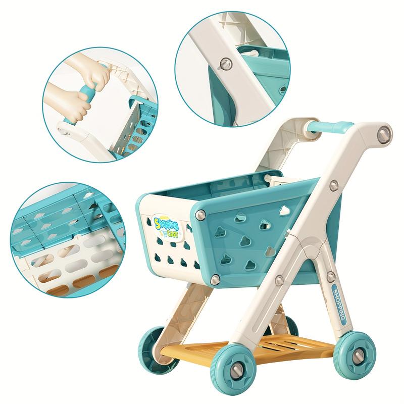 26pcs Kids Shopping Cart Trolley Play Set with Pretend Food and Accessories, Perfect Birthday Gifts for Ages 3+ Pretend Play and Role-Playing Games