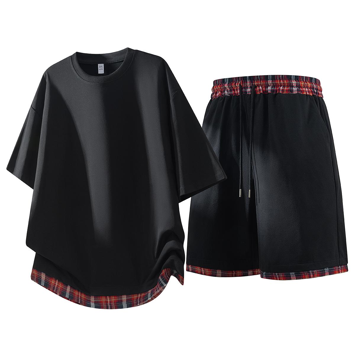 Plaid-Patchwork 2-Piece Set Mens Streetwear Casual Outfit with Contrast Plaid Hem, Elastic Waistband & Adjustable Drawstring for Daily Wear & Summer Outings