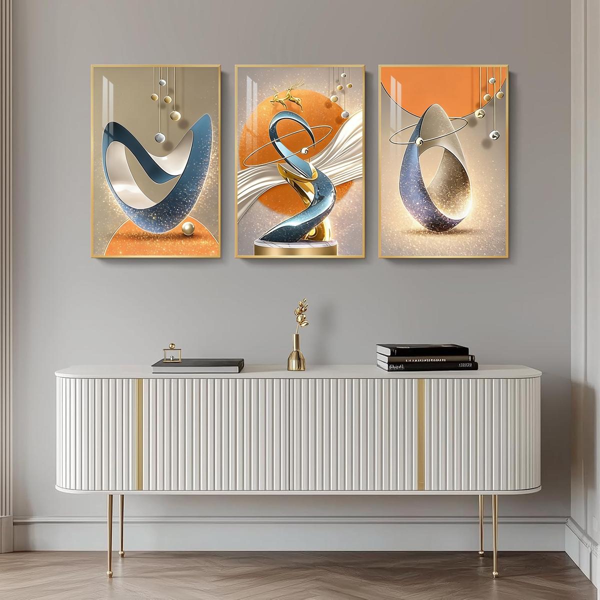 3 Counts Aluminum Alloy Framed Painting, Modern Abstract Geometric Sculpture Art Pictures, Home Decoration For Living Room, Bedroom, Office, Restaurant, Hallway Wall Decor, Odorless Print Artwork, Luxury Perfect Gift For Friends And Family