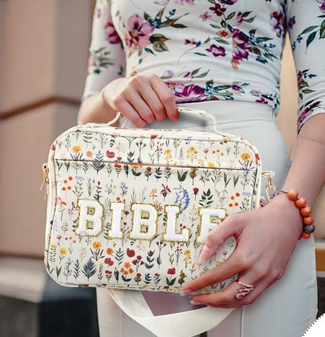 Valentine Gift Bible Bag for Women, Floral Bible Bag 12x9x2.5In Large Chenille Letter Bible Cover PU Leather Bible Case with Tabs Colored Pen Highlighters Tote Bag with Shoulder Strap, Bible Journaling kit for Church Christian Girls,Sunday Prayer Supplies