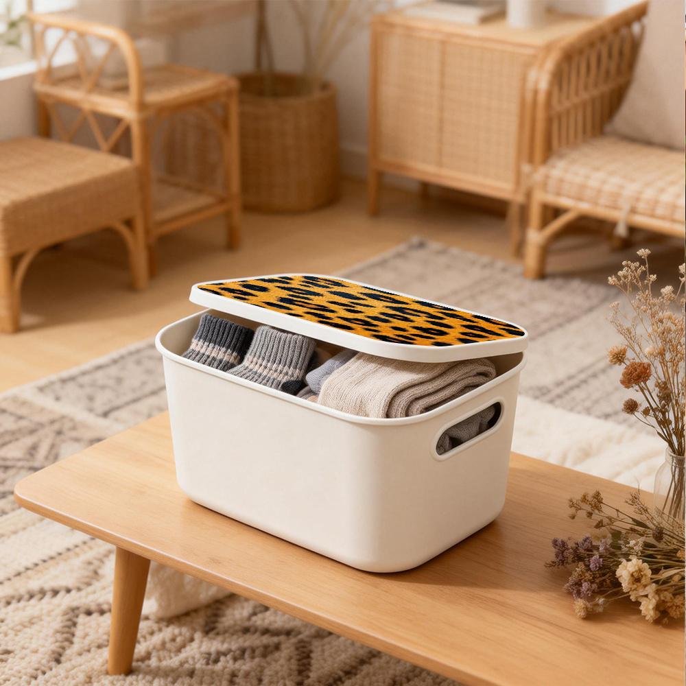 3-Piece Cover White Plastic Storage Box with Cute Printed Wild Leopard Pattern, Modern Nordic Style Dustproof Rectangular Storage Box, Suitable for Desk, Bookshelf, Wardrobe - Multi functional Home and Office Storage (25x18x16cm/9.8x7x6.3 inches)