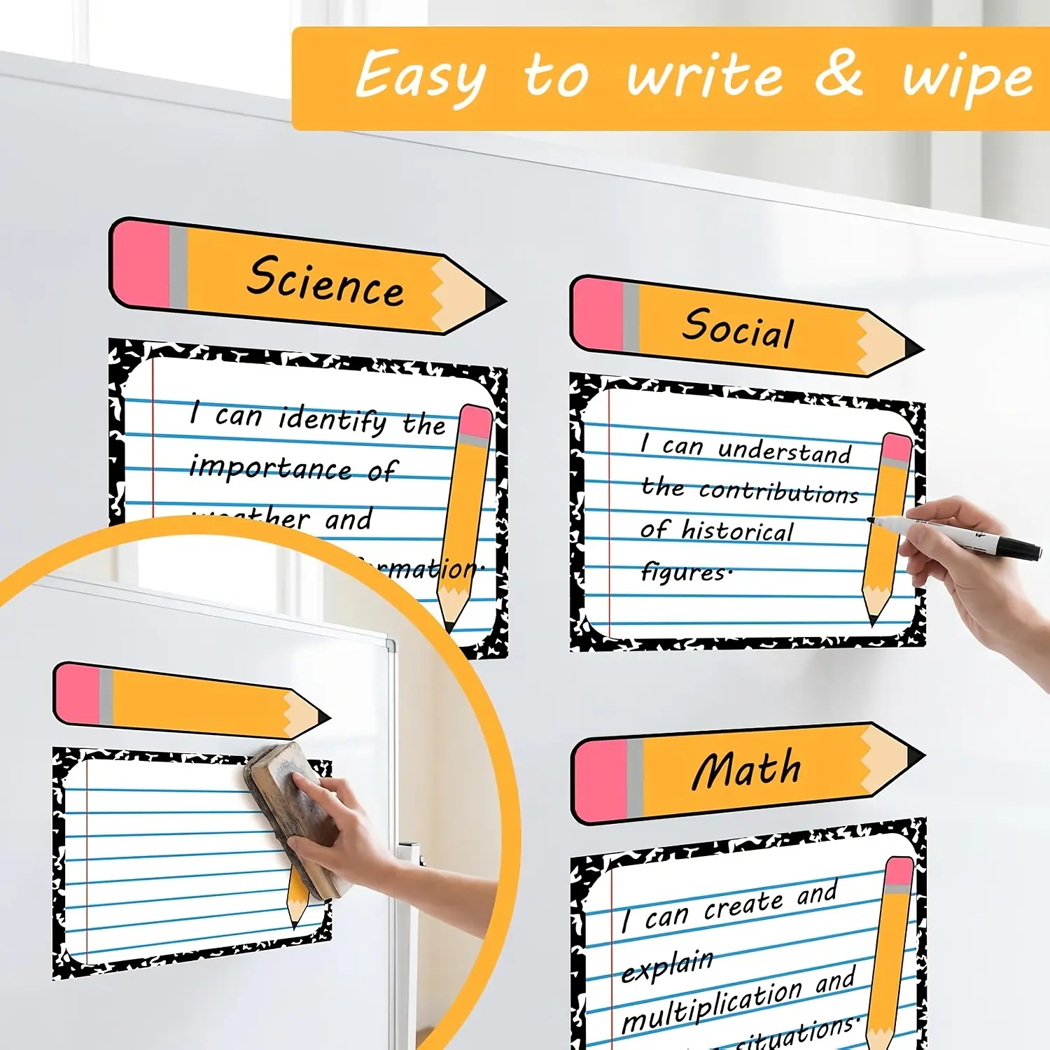 11-piece pencil-themed dry-erase magnetic writing boards, reusable dry-erase chart boards, classroom learning target writing boards, suitable for whiteboards, essential back-to-school supplies for teachers and home teaching