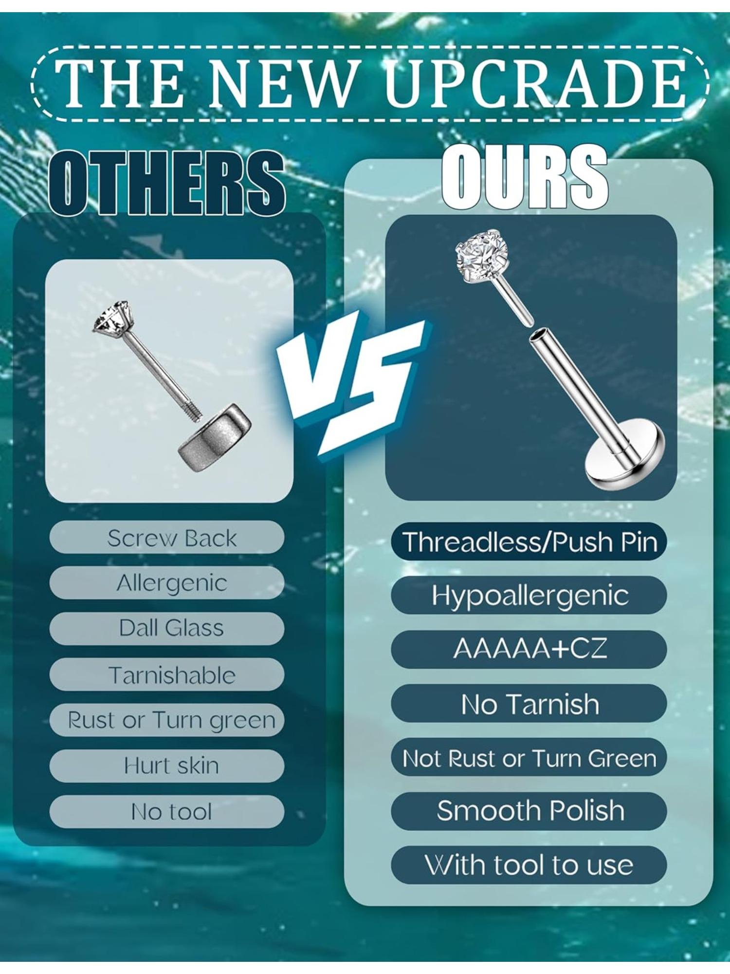 9 Pcs Threadless Nose Studs CZ Nose Rings for Women Men Surgical Steel Labret Studs Lip Rings Push in Flat Back Stud Earrings CZ Nose Nostril Tragus Helix Piercing Jewelry