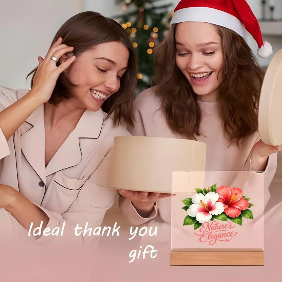 Centerpieces Hibiscus Flowers Acrylic Display Stand with Base, Realistic Botanical Design with Sparkle Accents & 'Nature's Elegance' Script Lettering, Clear Stable Decorative Stand for Home & Office Desk Decor, Ideal Gift for Floral & Nature