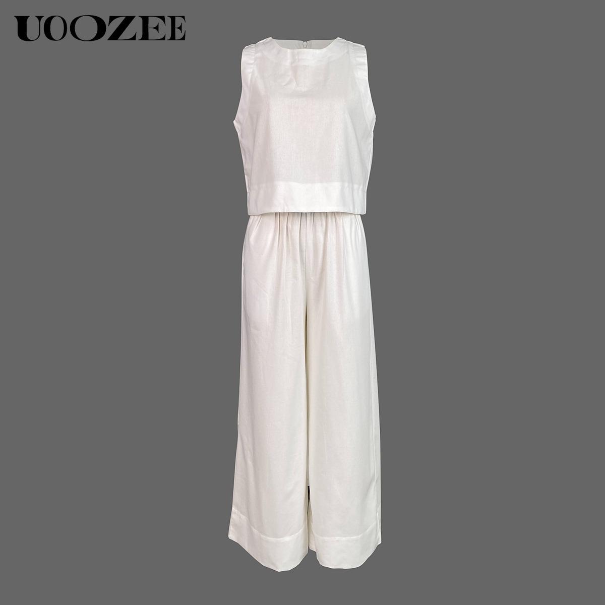 Solid Color Elasticity Wide Leg Sleeveless Round-Neck Two Pieces Set Pants Set