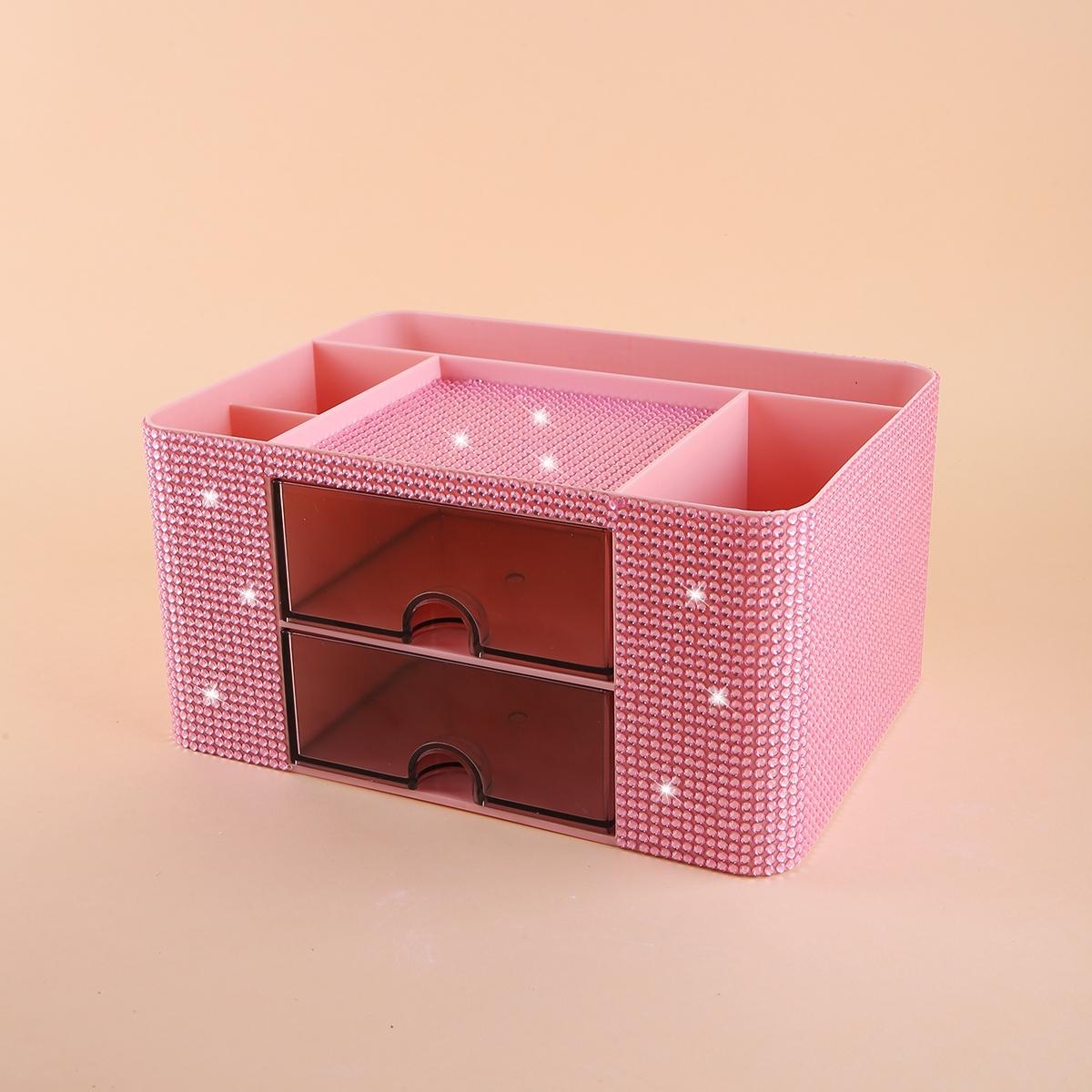 Diamond Embellished Storage Box with Drawer, Multi-Compartment Design, Makeup Brush Organizer, Cosmetic Holder, Bedroom Vanity Tray
