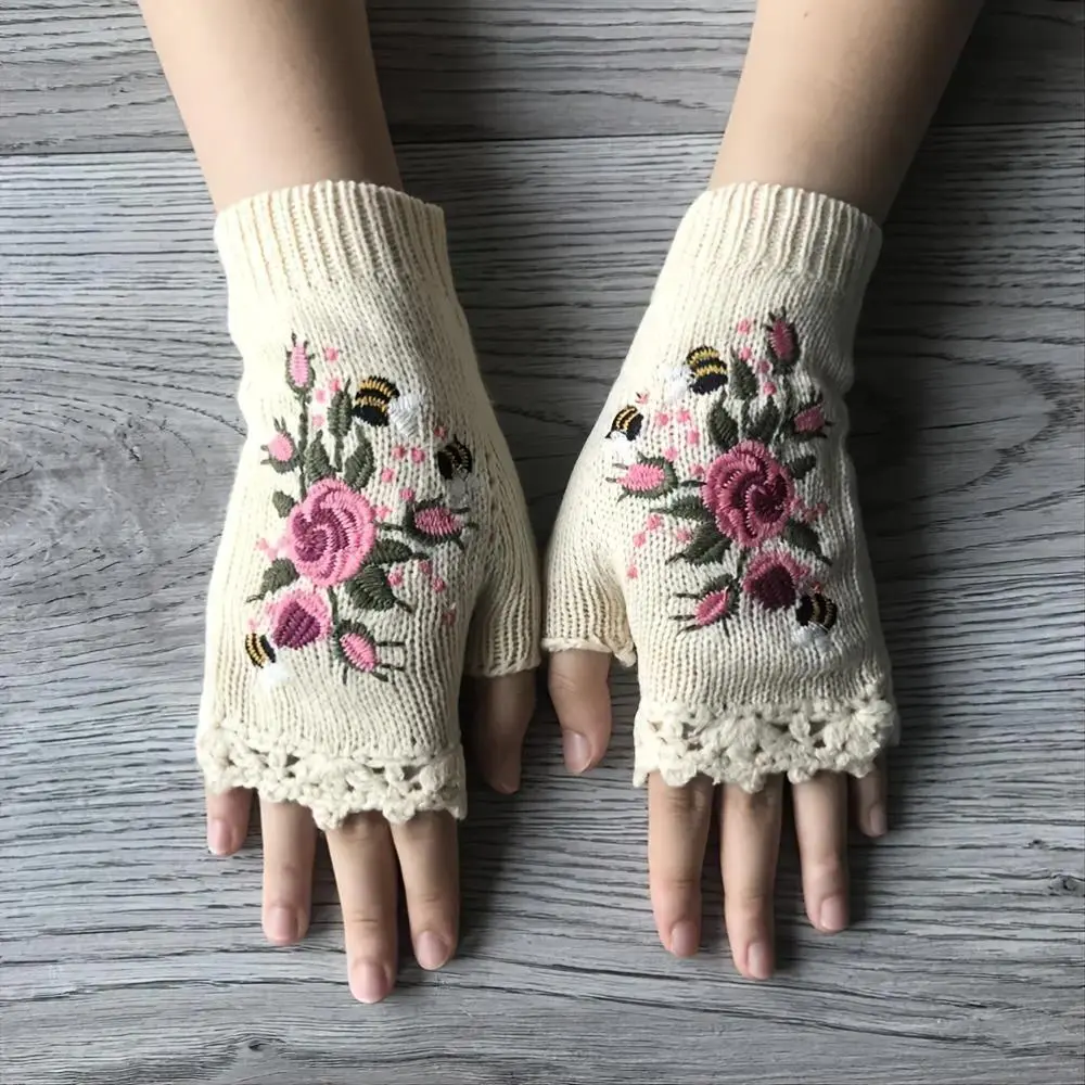 Women's Casual Floral Fingerless Gloves, Handmade Elastic Knit Warm Protective Gear for Female Hiking & Light Outdoor Sports, Sporty Chic, Autumn-Winter Sports & Outdoor