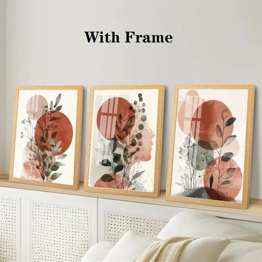 3-Piece Optional Wooden Frame Bohemian Terracotta Geometric Leaf Abstract Floral Art High Color Reduction Flat Surface Minimalist Home Background Decor