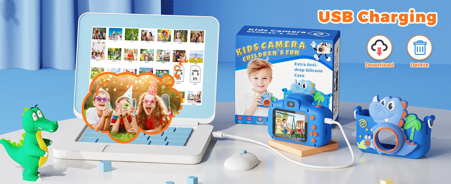 KOKODI Dinosaur Fun Camera Toy for Kids 1080P Dual Camera 32GB SD Card Selfie Photos Puzzle Games MP3 Music Player with 28 Cartoon Stickers & 6 Filters Ideal Christmas Birthday Gift Protective