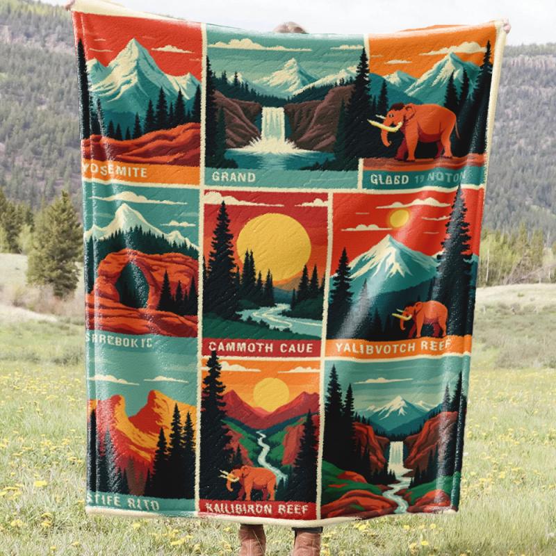 Vintage National Park Blanket Mammoth Cave Yosemite Grand Canyon Glacier Mountains Landscape Nature Print Cozy Throw for Outdoor Camping Hiking Adventure Lovers Perfect Christmas Thanksgiving Birthday Gift for Nature Enthusiasts and Travel Fans
