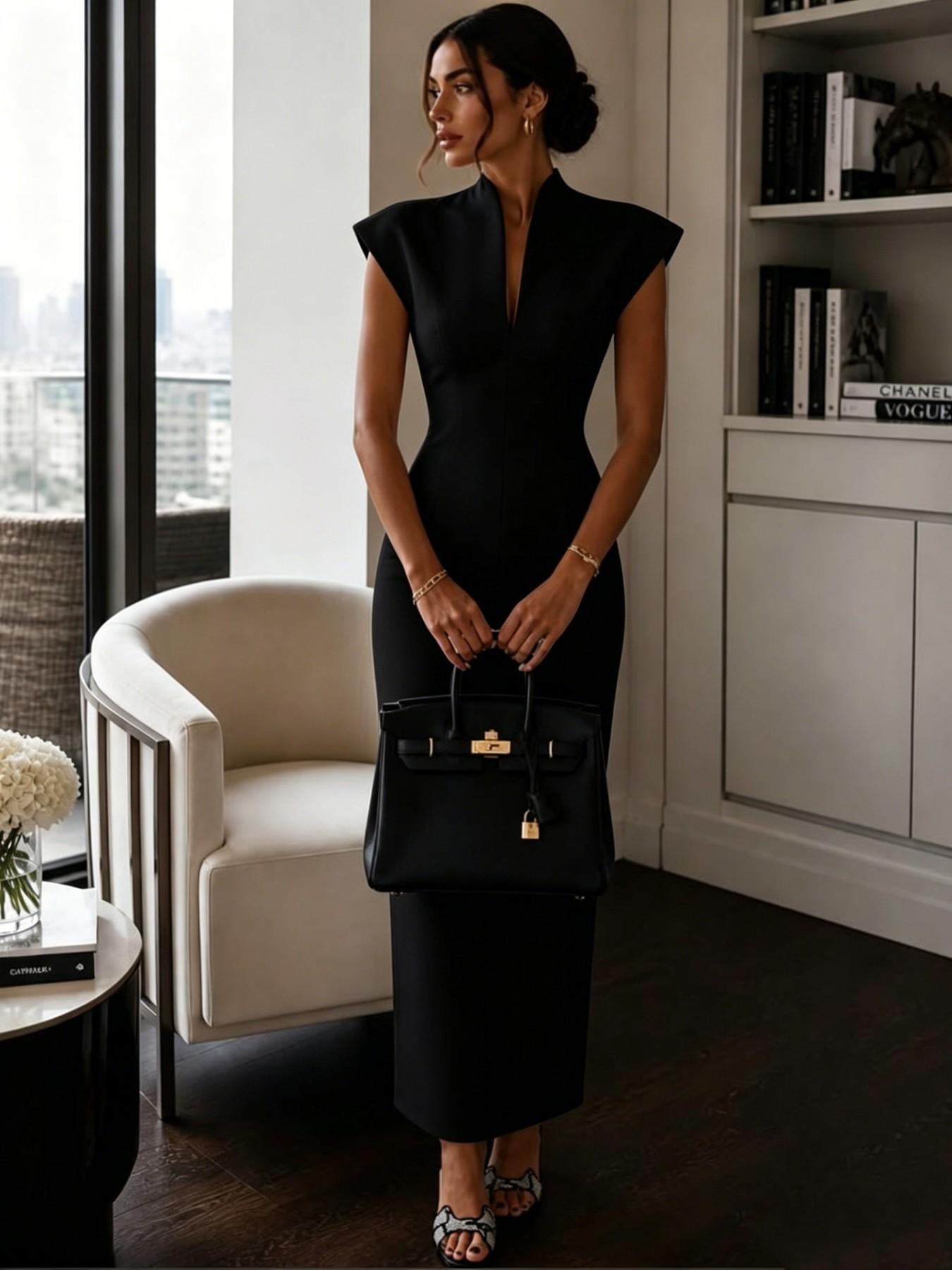 2026 Summer New Stand Collar V Neck Sleeveless High Waist Bodycon Dress, Solid Color Elegant Slimming Party Gown, Fashionable A-Line Skirt 2026 Summer New Stand Collar V Neck Sleeveless High Waist Bodycon Dress, Solid Color Elegant Slimming Party Gown, Fashionable A-Line Skirt