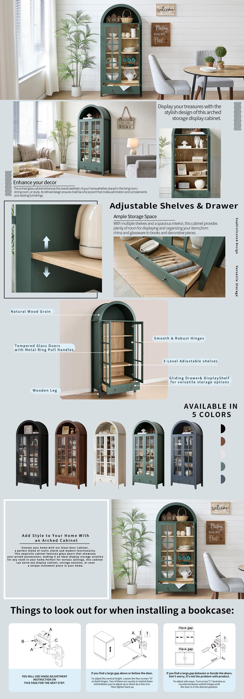 Farmhouse Arched Cabinet with Glass Doors, Wood Display Cabinet with Drawer and Adjustable Shelves, 71” Tall Bookshelf Modern China Storage Kitchen Pantry for Living Room,Office