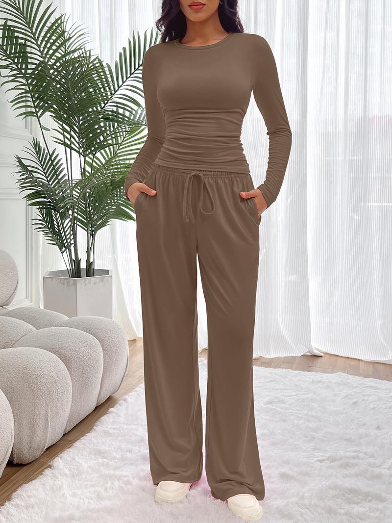 Women's Fitted Two-Piece Lounge Set, Ruched Tee & Drawstring Pocket Pants with Organic Fabric, Casual Daily Wear