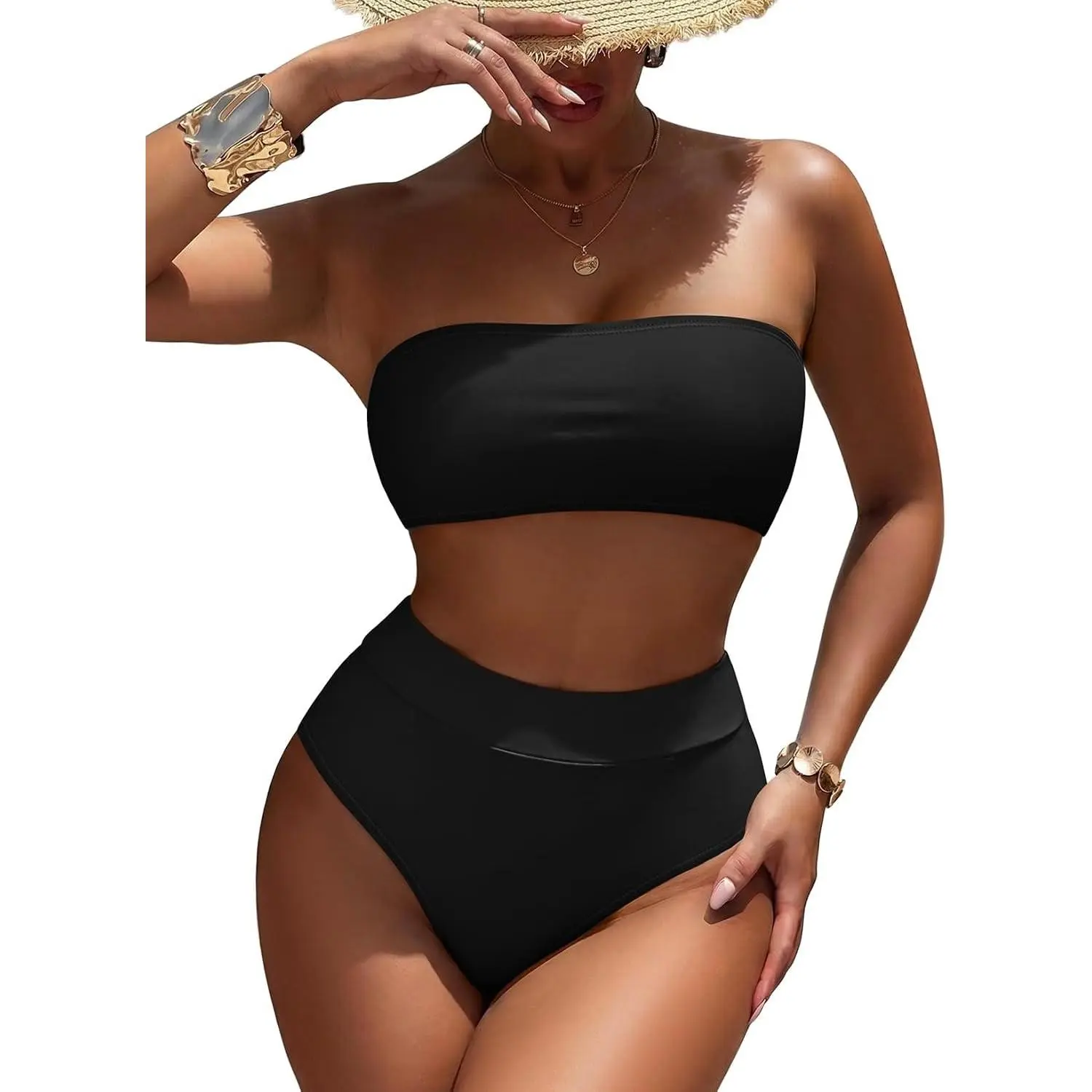 Women's High Waist Bikini Set Removable Strap Bandeau Two Piece Swimsuit Bathing Suit