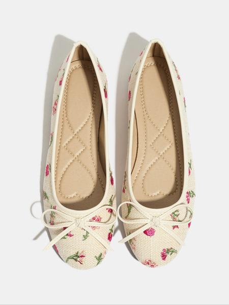 Women's Bowknot Woven Slip-On Ballet Flats, Round Toe Low Heel Embroidered Floral Design, Fashionable Autumn Winter Single Shoes