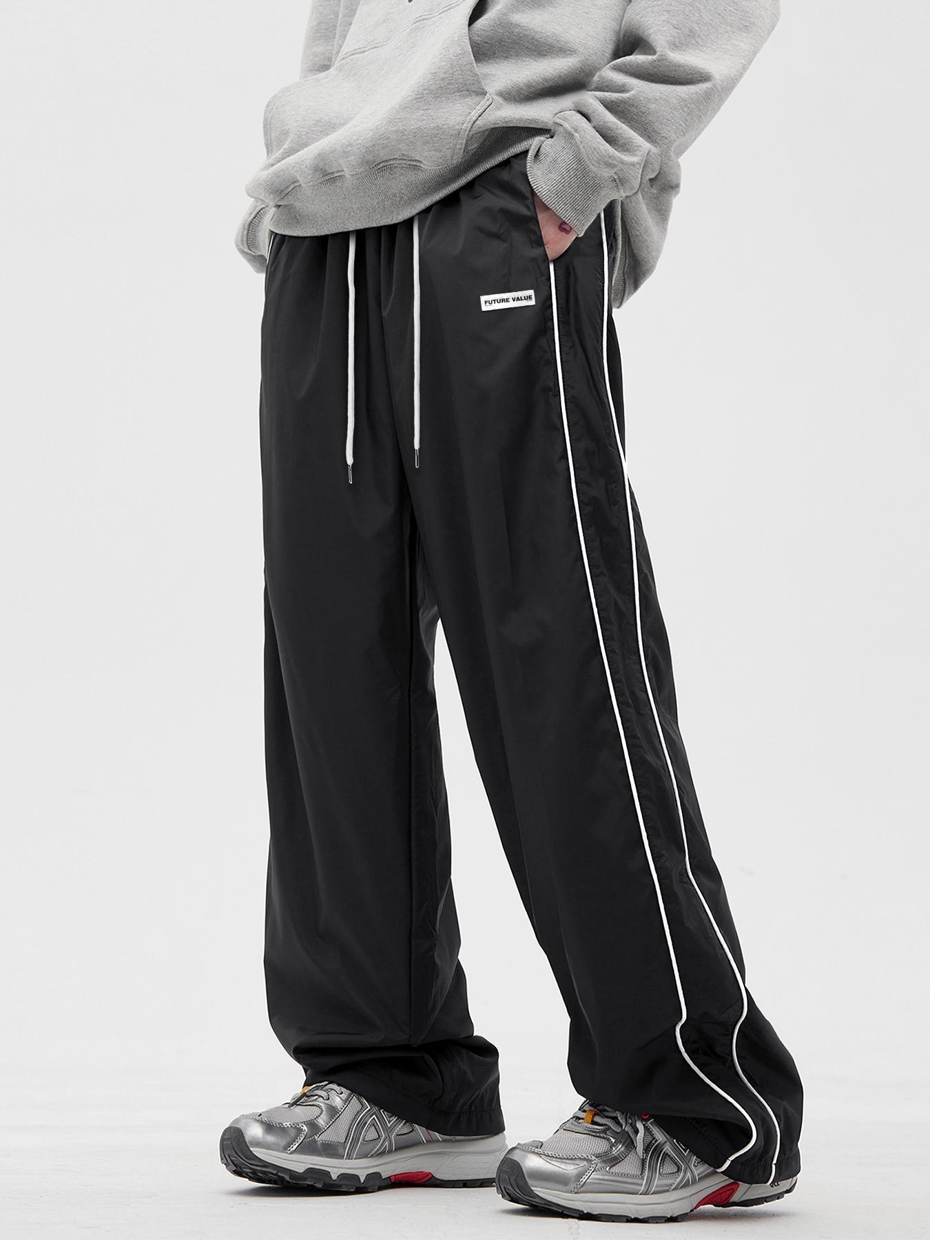 Men's Side Stripe Drawstring Waist Straight Leg Pants, Casual Pocket Letter Patched Trousers for Fall & Winter, Loose Menswear, Drippy Outfits